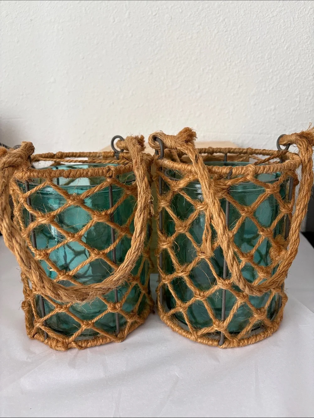 Home Essentials Aqua Glass Lanterns with Natural Jute Netting (2) Preowned